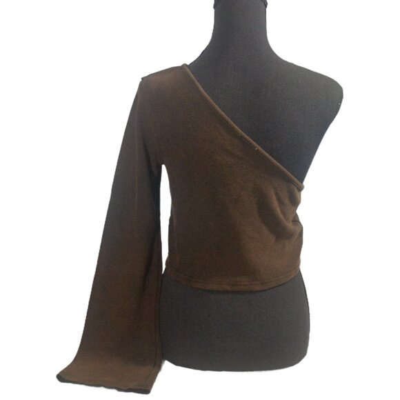 POL One Shoulder Bell Sleeve Ribbed Top Size Large Brown - Picture 4 of 7
